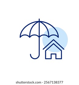 Open umbrella and house. Secure living space. Comprehensive home coverage. Family insurance. Pixel perfect, editable stroke icon