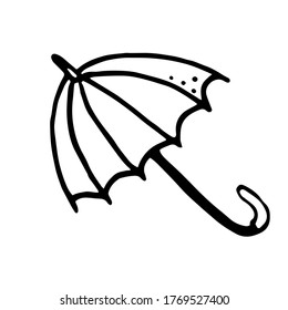 Open umbrella isolated vector illustration in doodle style, black outline on a white background. Print for coloring, decor of objects, cards, packaging, menu, badge, sticker, banner.