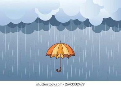 Open umbrella with light rain in pastel colors, cartoon flat vector ideal for seasonal graphics, baby book covers, and weather learning tools
