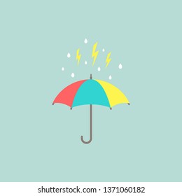 open Umbrella with lightnings or thunderbolts. Flat icon isolated on blue. Flat design. Vector illustration. Rain protection symbol. Rainy weather sign. Happy mood, luck, safety