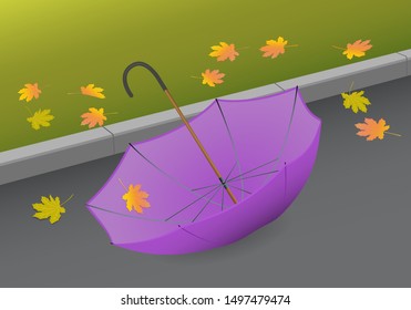 An open umbrella on the side of the road and yellow autumn leaves.