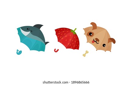 Open Umbrella or Parasol for Kids with Plastic Pole Vector Set