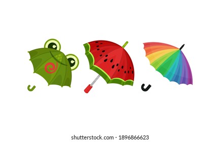 Open Umbrella or Parasol for Kids with Plastic Pole Vector Set