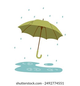 Open umbrella protect from raindrops in autumn or spring rain. Rainy weather. Flat vector illustration