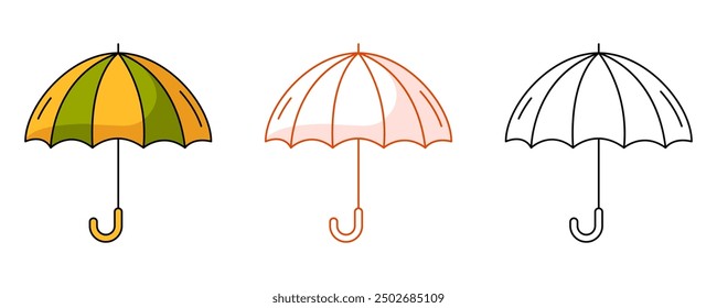 Open umbrella, protect from rainy weather in autumn, summer, spring. Colorful and line icon set. Vector flat outline icon, monochrome and color illustration. For logo, sticker, coloring book, label