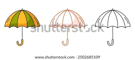 Open umbrella, protect from rainy weather in autumn, summer, spring. Colorful and line icon set. Vector flat outline icon, monochrome and color illustration. For logo, sticker, coloring book, label