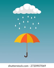 Paraguas abierto bajo la lluvia, nubes y lluvia. Vector EPS 10