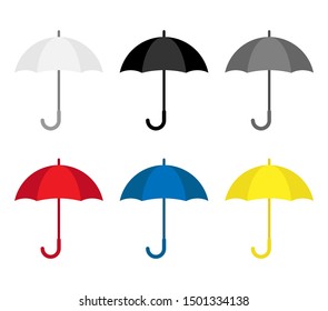Open umbrella rain protection, set white, black, grey, red, blue, yellow. Rainy season, monsoon. Vector illustration flat style isolated
