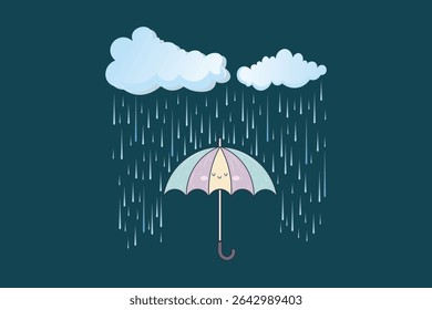 Open umbrella and rain vector illustration, cartoon flat design with pastel color palette, suitable for children’s wall art, weather educational tools, and nursery poster prints

