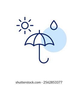 Open umbrella with raindrop and sun. Life insurance and coverage for all situations. Security and weather protection. Pixel perfect, editable stroke icon