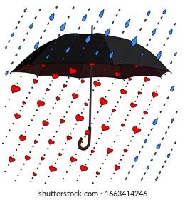 paraguas abierto. Las gotas de lluvia se convierten en corazones. Símbolo romántico, amor. Concepto de amor dibujado a mano. Antecedentes románticos abstractos. ilustración vectorial para recipientes de impresión, textiles, papel pintado, banner, envoltura, web,