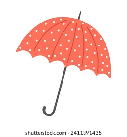 Open umbrella in red color with white dots. Weather, accessory or rain protection theme. Cartoon vector illustration isolated on white background.