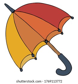 open umbrella red-orange-yellow with a blue pen, freehand drawing, vector doodle element, black outline
