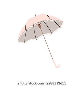 Open umbrella in retro vintage style. Elegant parasol, sunshade accessory for sun and rain protection. Classic women canopy with stick handle. Flat vector illustration isolated on white background