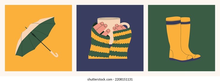 An open umbrella, rubber boots, hands holding a mug of hot drink. Set of autumn design elements. Vector flat isolated illustrations.