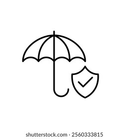 Open umbrella and security shield with checkmark. Guaranteed protection. Pixel perfect vector icon