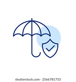 Open umbrella and security shield with checkmark. Guaranteed protection. Pixel perfect, editable stroke icon