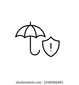 Open umbrella and security shield with exclamation mark. Extensive insurance coverage. Safety warning, potential risks alert. Pixel perfect vector icon