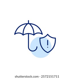 Open umbrella and security shield with exclamation mark. Extensive insurance coverage. Safety warning, potential risks alert. Pixel perfect, editable stroke icon