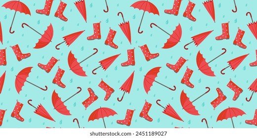 Open umbrella, shoes, rubber boots and closed umbrella. The pattern is seamless. Bright umbrella and raindrops. Rain season. Rainy weather. Flat style. Vector background.