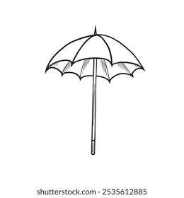 Abra o esboço do guarda-chuva. Ilustração de linha gráfica vetorial desenhada à mão isolada. Rabiscar preto e branco. Símbolo do Parasol. Sinais meteorológicos. Item para proteção contra chuva. Clipart para cartão, impressão, site, logotipo