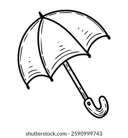 Open umbrella stick. Hand drawn doodle. Rain protection. Accessory. Vector line art illustration.
