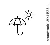 Open umbrella and sun. SPF protection, all weather comfort and security. Pixel perfect vector icon