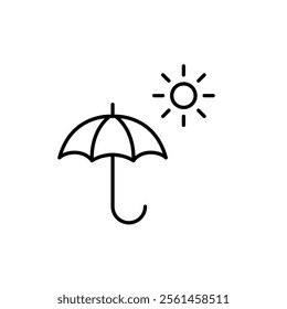 Open umbrella and sun. SPF protection, all weather comfort and security. Pixel perfect vector icon