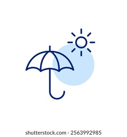 Open umbrella and sun. SPF protection, all weather comfort and security. Pixel perfect, editable stroke icon