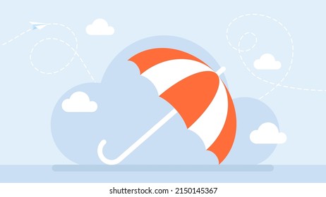 Open umbrella as a symbol of protection from danger. White red umbrella. Flat design. Property insurance. Protection from threats. Insurance and Assurance. Broker agent. Vector business illustration