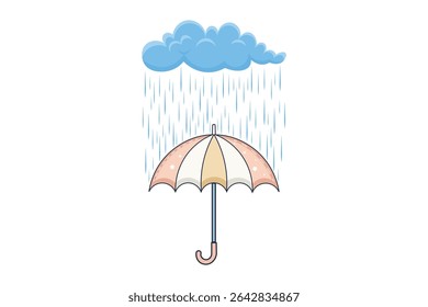 Open umbrella under colorful raindrops, cute cartoon vector illustration in pastel palette, flat design perfect for seasonal visuals and nursery backgrounds

