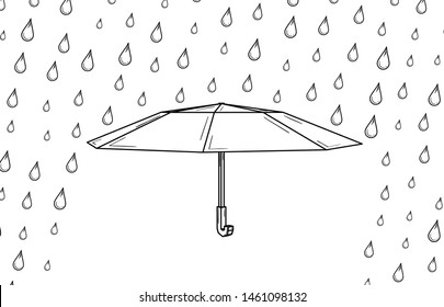 Open umbrella used as a rain protection and rain drops.  Sketch of the illustration. Black simple outline illustration on white background.