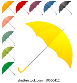 Open umbrellas in colors over white