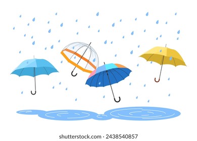 Open umbrellas protect from raindrops in autumn, summer or spring rain, rainy weather poster. Group of umbrellas with handles of different colors and waterproof fabric cartoon vector illustration