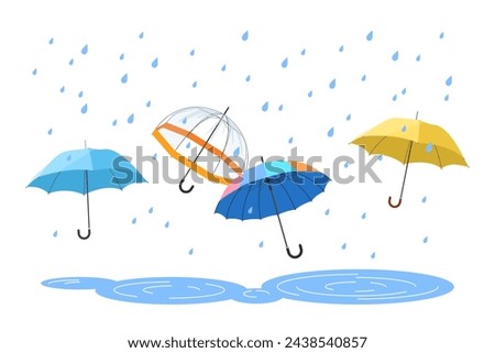 Open umbrellas protect from raindrops in autumn, summer or spring rain, rainy weather poster. Group of umbrellas with handles of different colors and waterproof fabric cartoon vector illustration