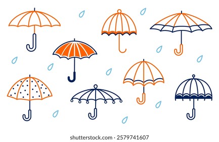 Open umbrellas, protection from rainy weather. Set of colorful and linear icons. Vector flat outline icon.