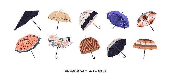 Open umbrellas for rain. Unfolded parasols, protecting canopies set. Rainy weather accessories designs with handles, waterproof fabric. Flat vector illustrations isolated on white background