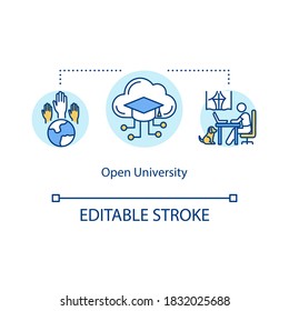 Icono de concepto de universidad abierta. Aprendizaje y entrada con soporte abierto. Cursos en línea. Ilustración delgada de la idea de educación a distancia. Dibujo de color RGB con contorno aislado del vector. Trazo editable