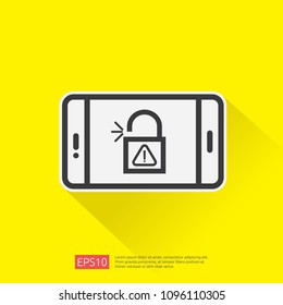 open unlock padlock on mobile phone screen icon. attention access warning alert sign mark symbol. safe secure of personal user authorization, VPN internet protection. vector illustration