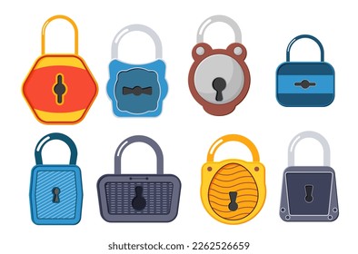 Open, unlocked and locked golden lock for protection and security. Collection of gold padlocks of various shapes and conditions. Open and closed locks. Flat style vector illustration. EPS 10.