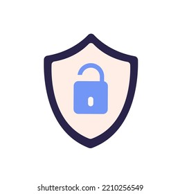 Open unlocked padlock in shield icon. Cyber attack symbol, insecure unsafe bad hacked password, access to secret and privacy concept. Flat vector illustration isolated on white background