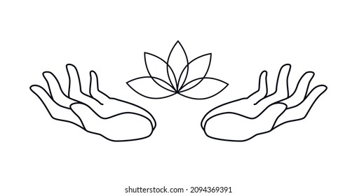Open upward hands with lotus flower isolated. Hand drawn concept of hands with healing energy. Vector outline illustration.