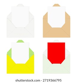 Abra el sobre de la solapa C5 de V con la hoja de papel en blanco dentro aislada. Blanco, artesanía, color. Fácil de editar. Maqueta de Vector 3D realista. Carta, tarjeta de felicitación, mensaje. Maqueta. Plantilla para el diseño