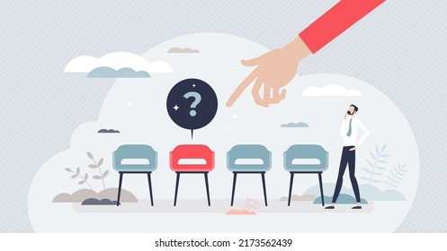 Open Vacancy And Empty Company Chair As Hiring Symbol Tiny Person Concept. Search For New Talent And Best Candidate For Business Vector Illustration. Corporate Employee Wanted. Vacant Human Resources