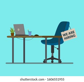 Open Vacancy Flat Vector Illustration. Vacant Job Position. Workplace, Workspace With No People. Cartoon Desk, Chair, PC. Vacant Post. Staff Search. Job Opportunity, Employment Possibility Concept