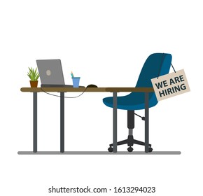 Open Vacancy Flat Vector Illustration. Vacant Job Position. Workplace, Workspace With No People. Cartoon Desk, Chair, PC. Vacant Post. Staff Search. Job Opportunity, Employment Possibility Concept