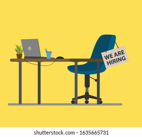 Open Vacancy Flat Vector Illustration. Vacant Job Position. Workplace, Workspace With No People. Cartoon Desk, Chair, PC. Vacant Post. Staff Search. Job Opportunity, Employment Possibility Concept