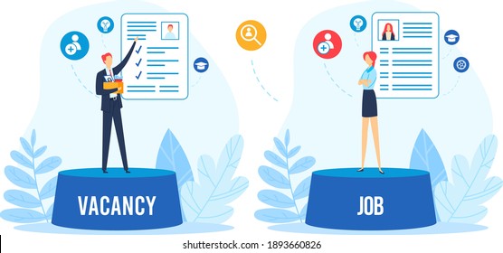 Open vacancy for job, business hire vector illustration. Candidates for vacancies, review of summaries. Boss studying application form. Recuitment, hiring employee. Vacant work in office.