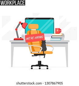 Open Vacancy Jobs, Employment concept illustration on flat vector style. Job vacancy illustration with abstract office desk with computer, chair and ‘We are hiring’ message. Empty work place
