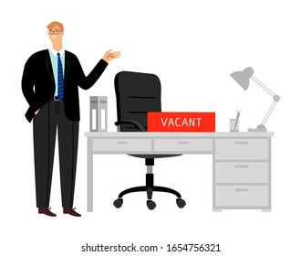 Open vacancy. Workplace and smiling HR manager. Businessman looking for employees, vacant place vector illustration